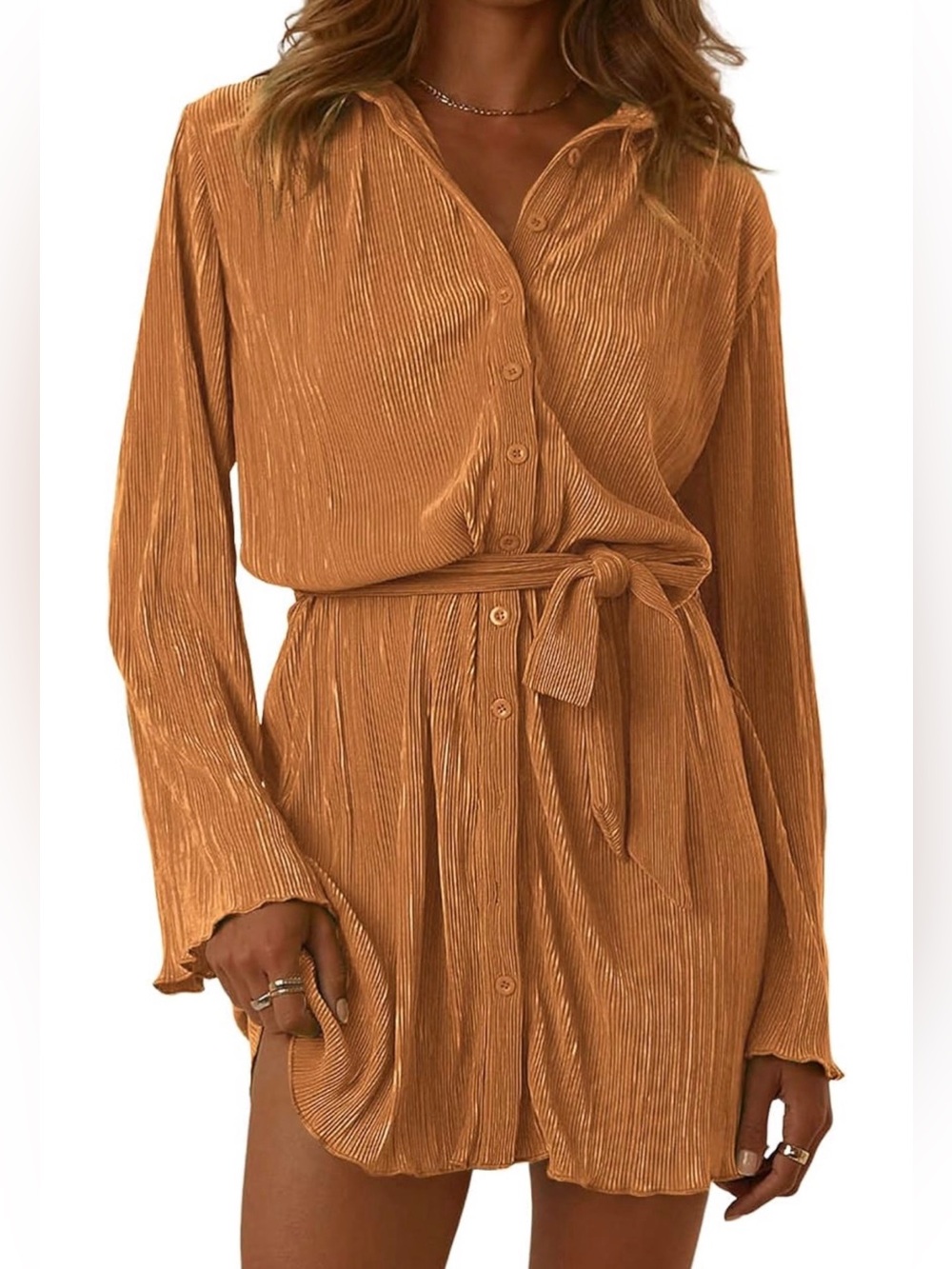 NEW Collar V-Neck Button Down Pleated Long Sleeve Orange Dress with Belt Size M